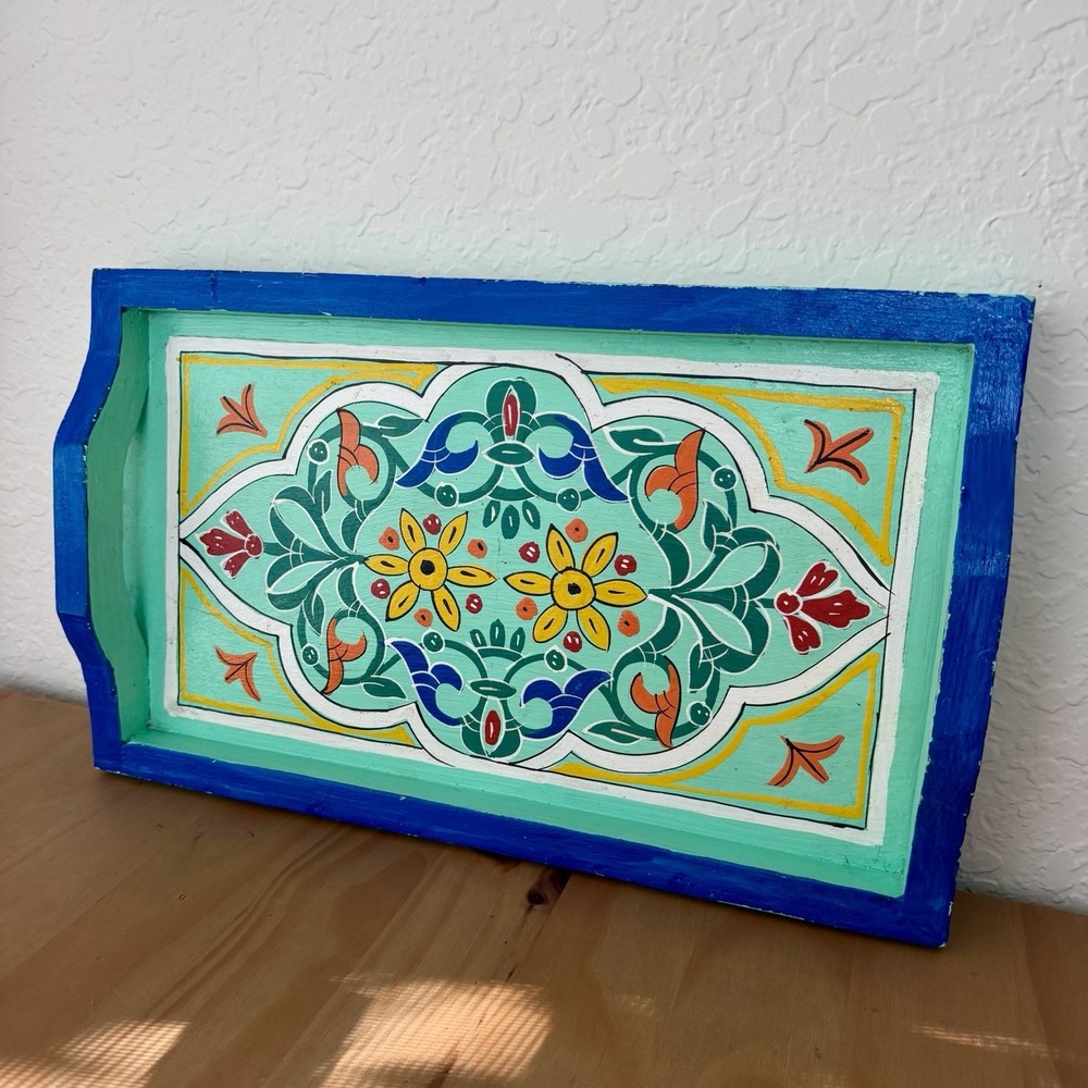Serving Tray Platter Moroccan Wood Tea Coffee Snacks Handmade Decorative Floral
